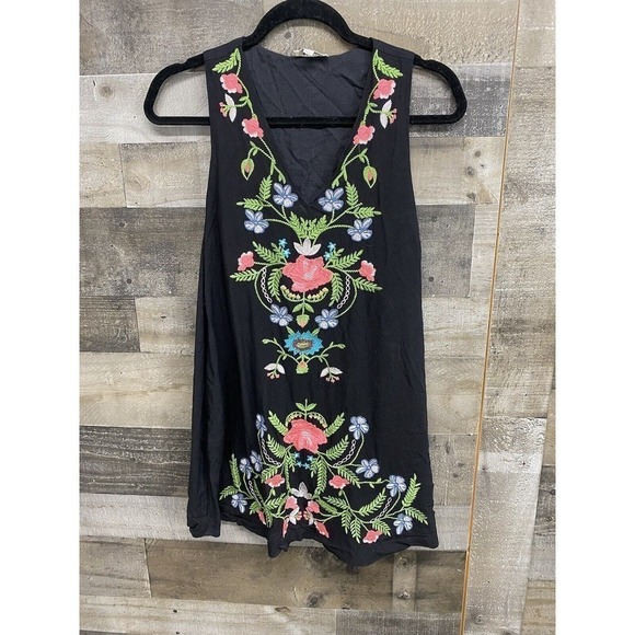 Umgee Small Boho Dress Heavy Floral Embroidered Lined Pockets Black Sleeveless - Picture 3 of 8